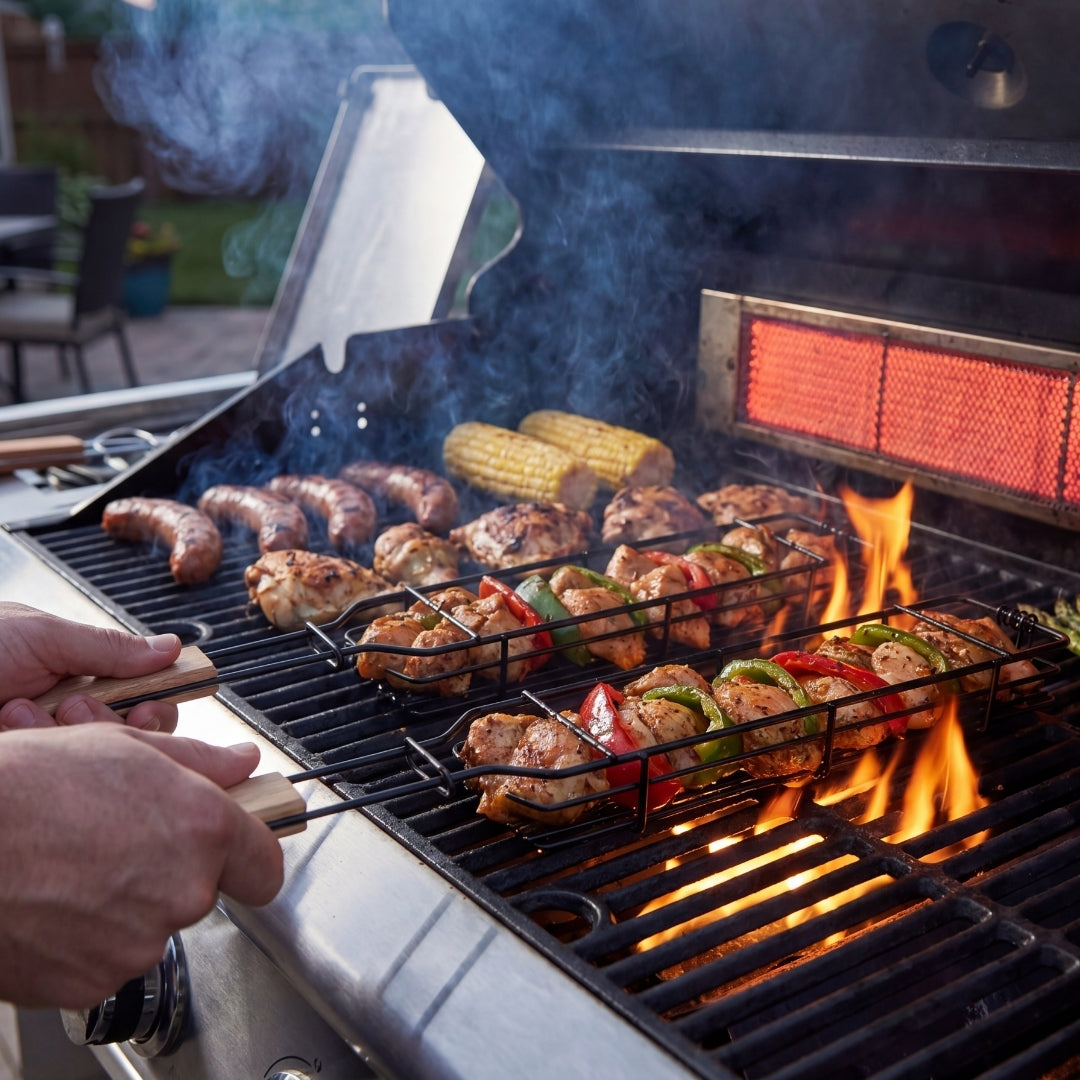 Grill basket cooking on BBQ