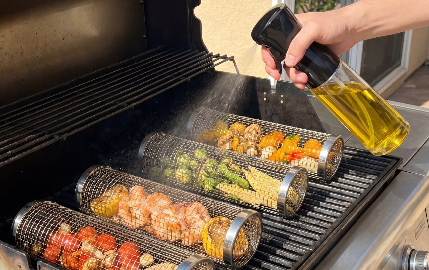 Placing the grill basket on the grill
