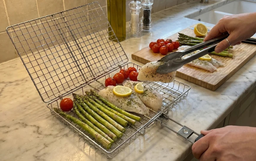 Loading the grill basket with fresh ingredients