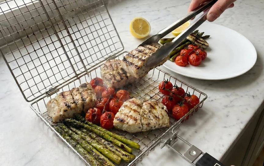 Serving grilled vegetables from the basket